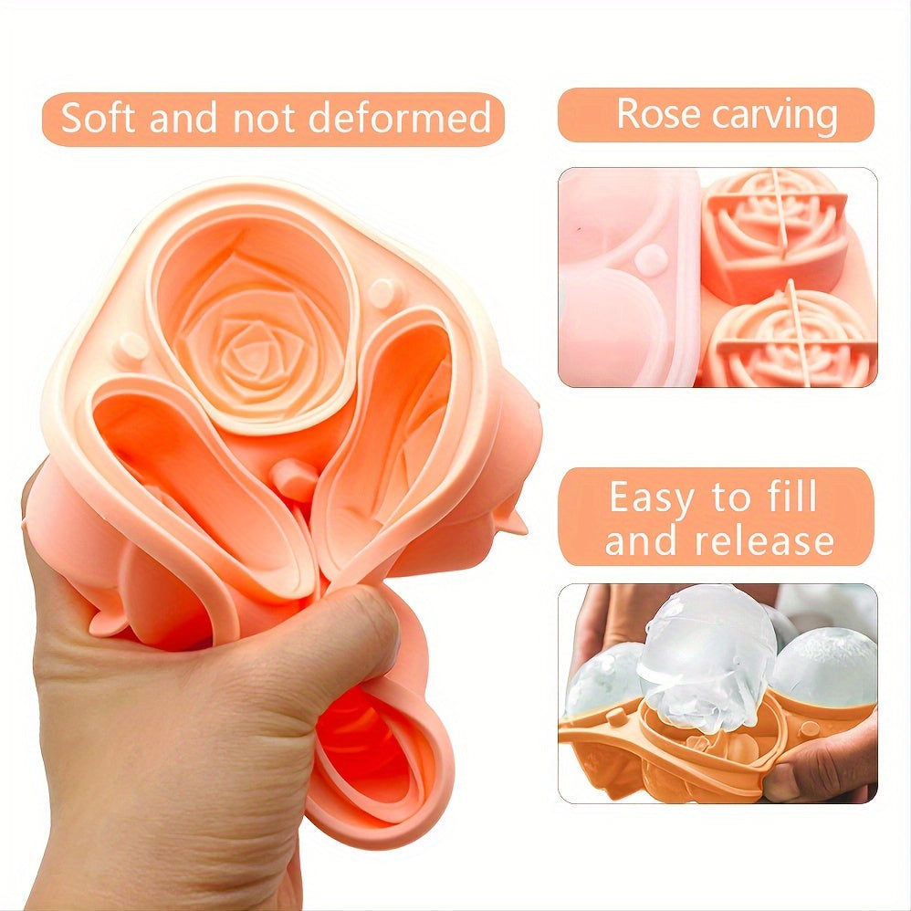 1pc 4 Grids Rose Ice Cube Mold, Multifunctional Chocolate, Jelly, Ice Cube Tray, RV Party Kitchen Refrigerator Supplies, for Bakery