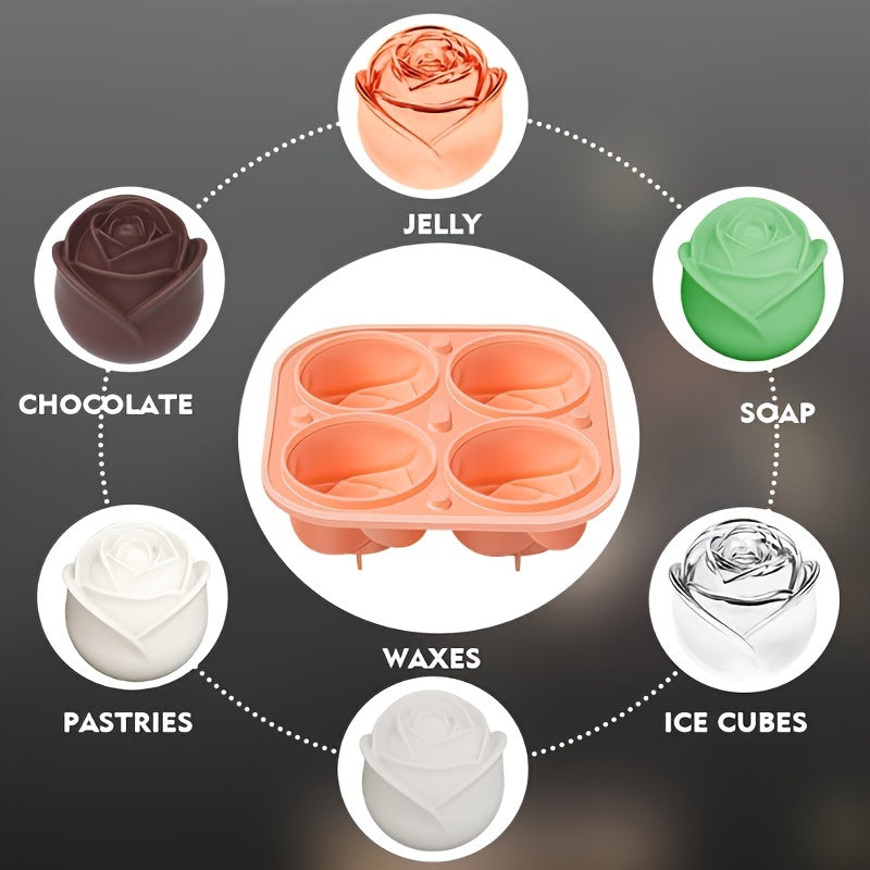 1pc 4 Grids Rose Ice Cube Mold, Multifunctional Chocolate, Jelly, Ice Cube Tray, RV Party Kitchen Refrigerator Supplies, for Bakery